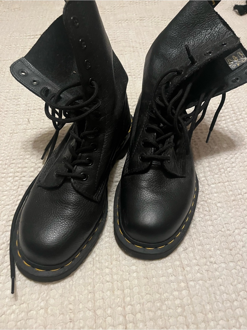 Dr. Martens Black Leather Lace-Up Combat Boots with Yellow Stitching